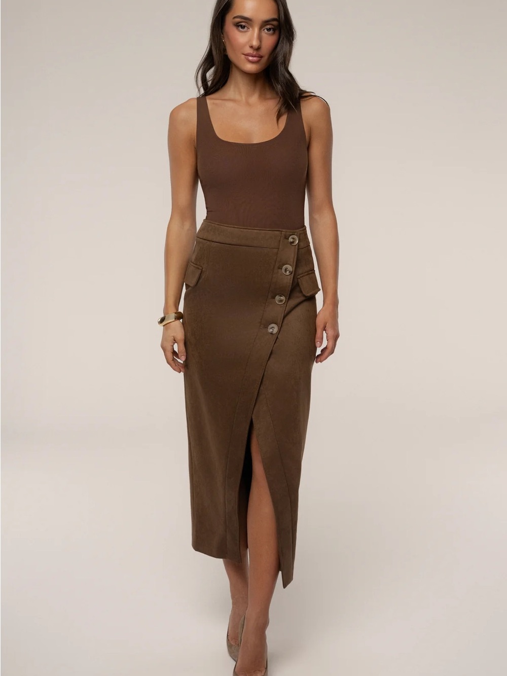 Women’s Brown Button-Front Wrap Midi Skirt